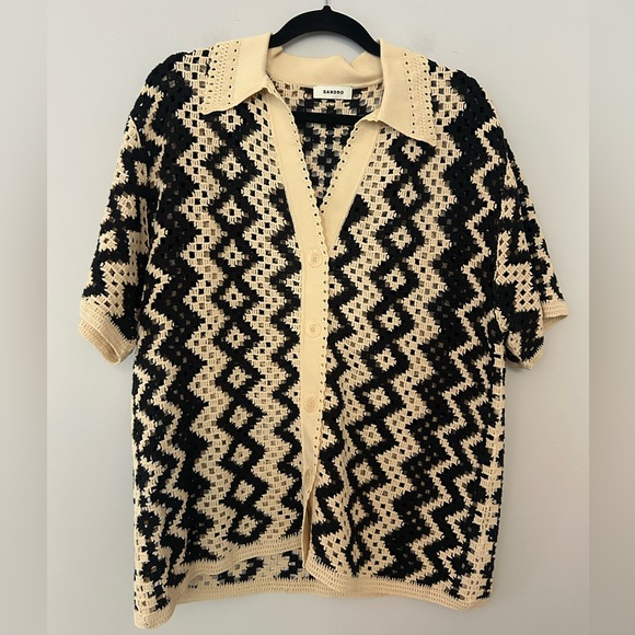 SANDRO Women’s Carla Crochet Short Sleeve Shirt Black & Cream - Picture 2 of 9